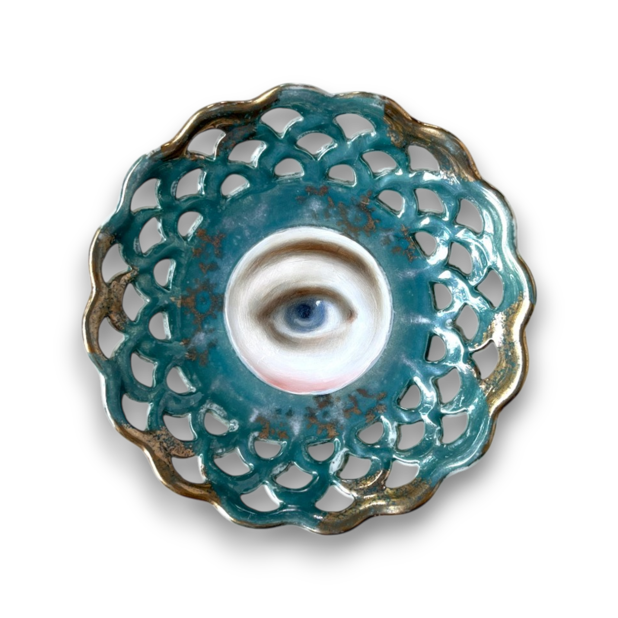 No. 3787 Lover’s Eye Painting on a Teal Luster Plate
