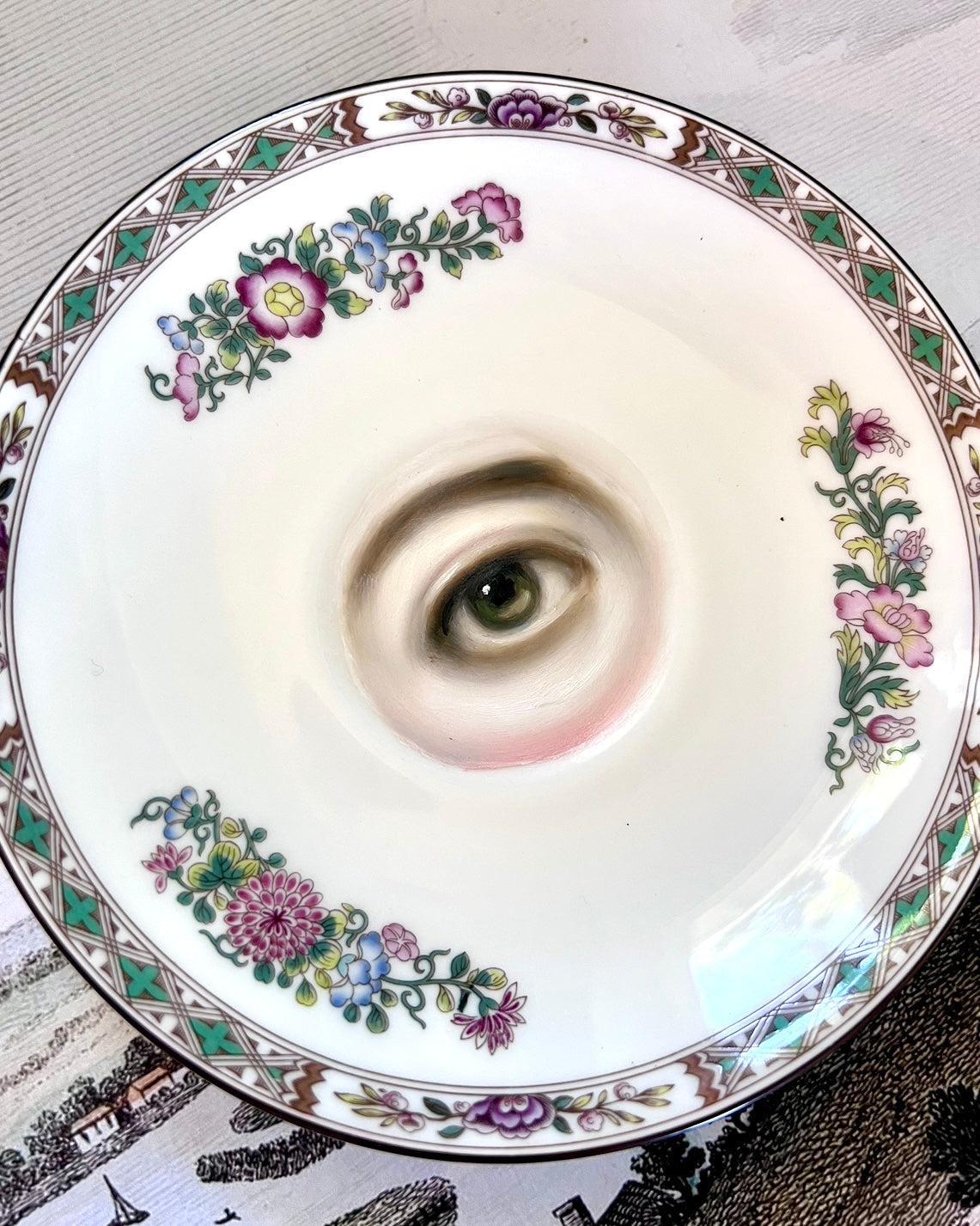 No. 2307 Lover's Eye Painting on a Wedgwood Kutani Crane Plate