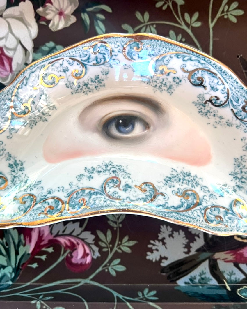 No. 2313 Lover's Eye Painting on a Gold and Blue Crescent Dish