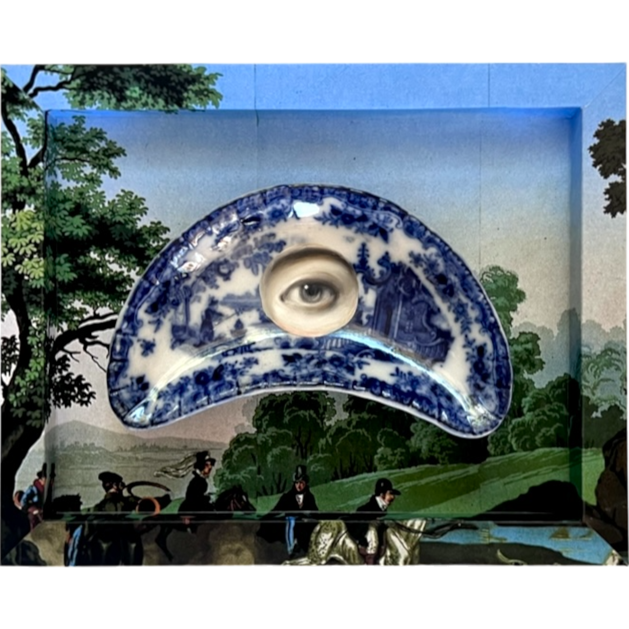 No. 2314 Lover's Eye Painting on a Flow Blue Chinoiserie Crescent Dish