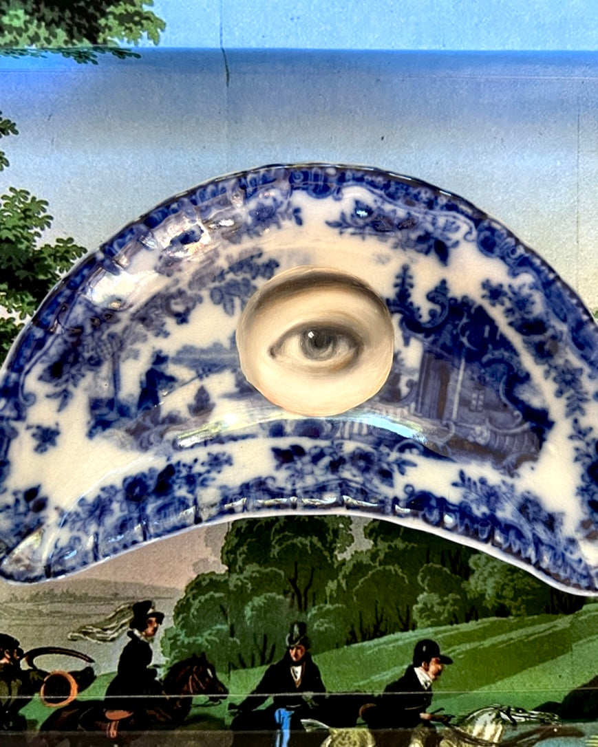 No. 2314 Lover's Eye Painting on a Flow Blue Chinoiserie Crescent Dish