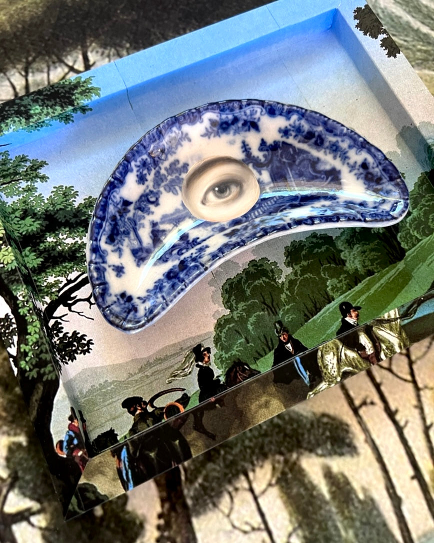 No. 2314 Lover's Eye Painting on a Flow Blue Chinoiserie Crescent Dish