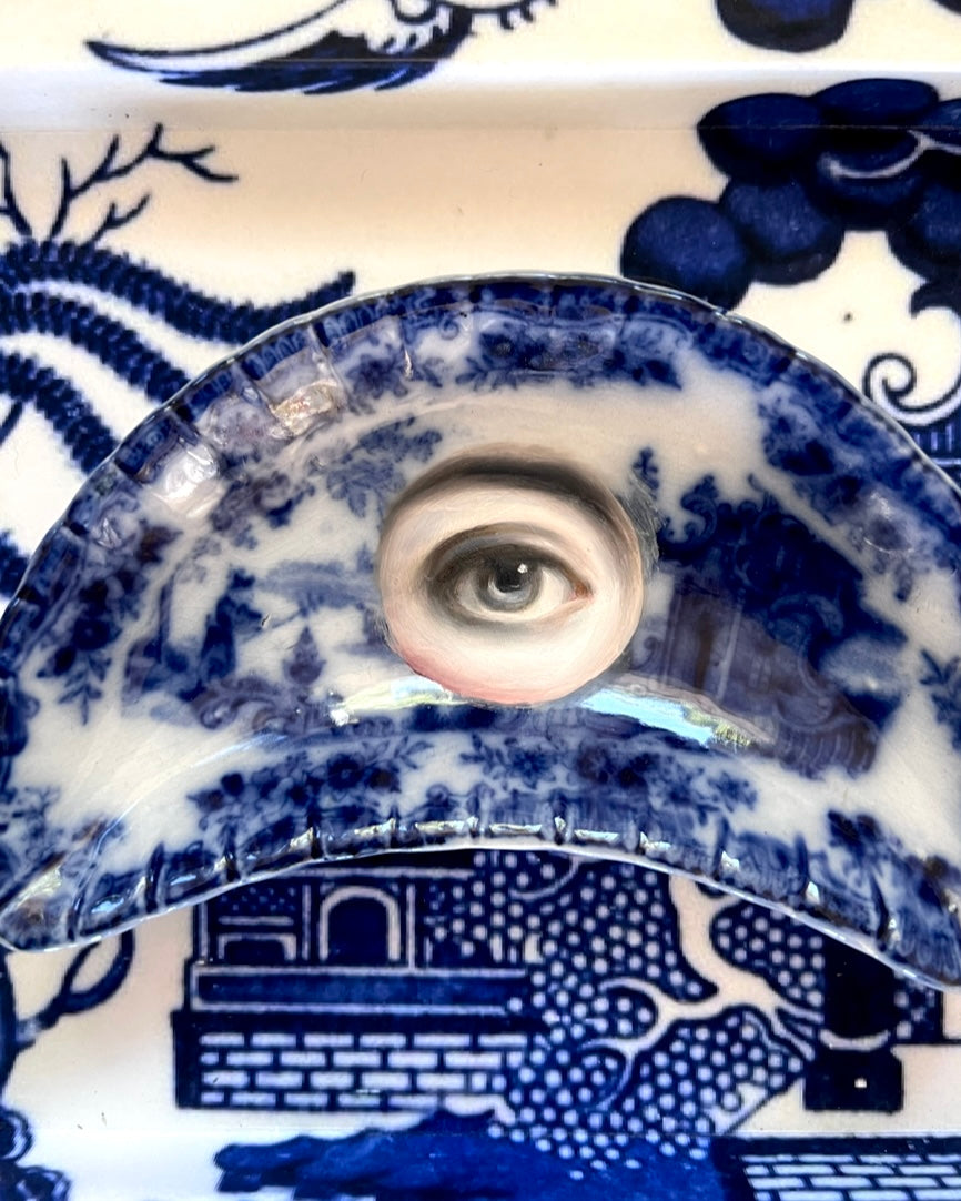 No. 2315 Lover's Eye Painting on a Flow Blue Chinoiserie Crescent Dish