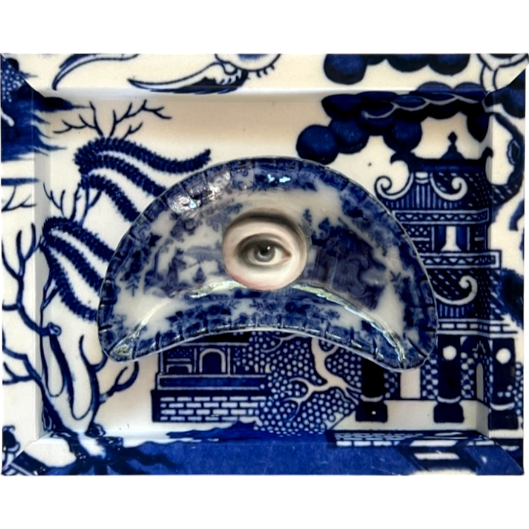 No. 2315 Lover's Eye Painting on a Flow Blue Chinoiserie Crescent Dish