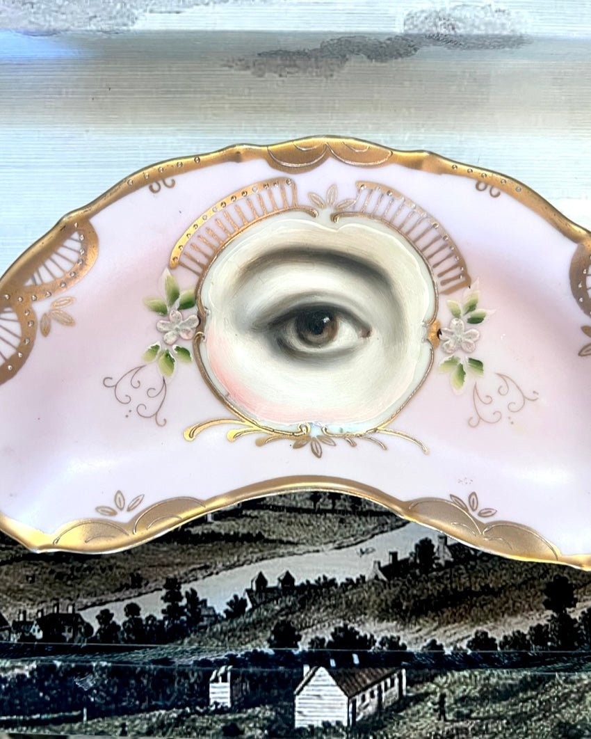 No. 2311 Lover's Eye Painting on a Gold and Pink Crescent Moon Plate