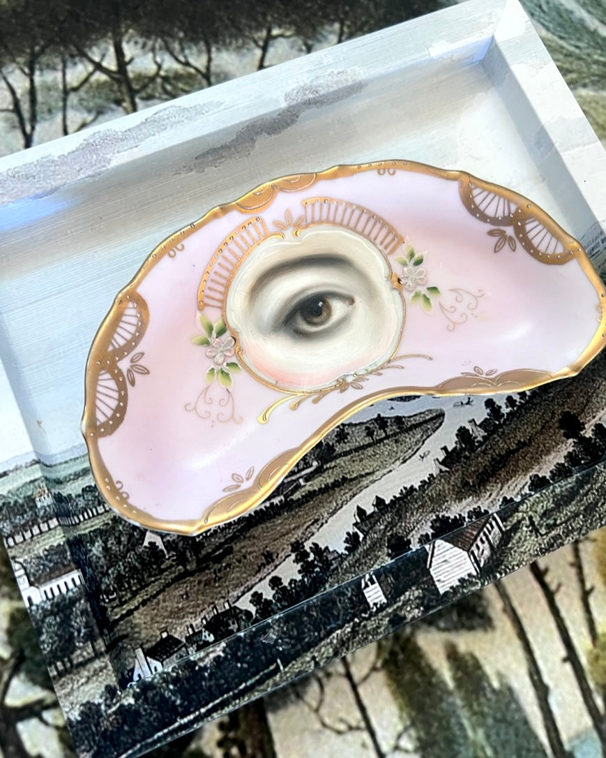 No. 2311 Lover's Eye Painting on a Gold and Pink Crescent Moon Plate