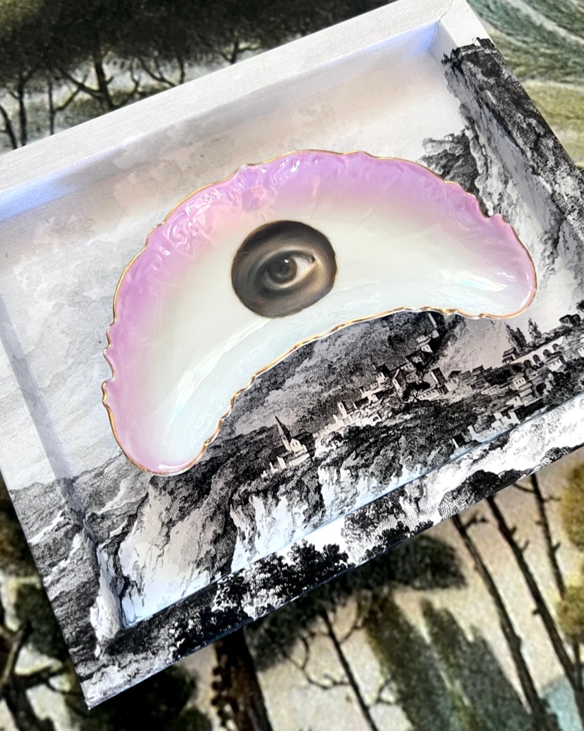 No. 2317 Lover's Eye Painting on a Pink & White Crescent Dish