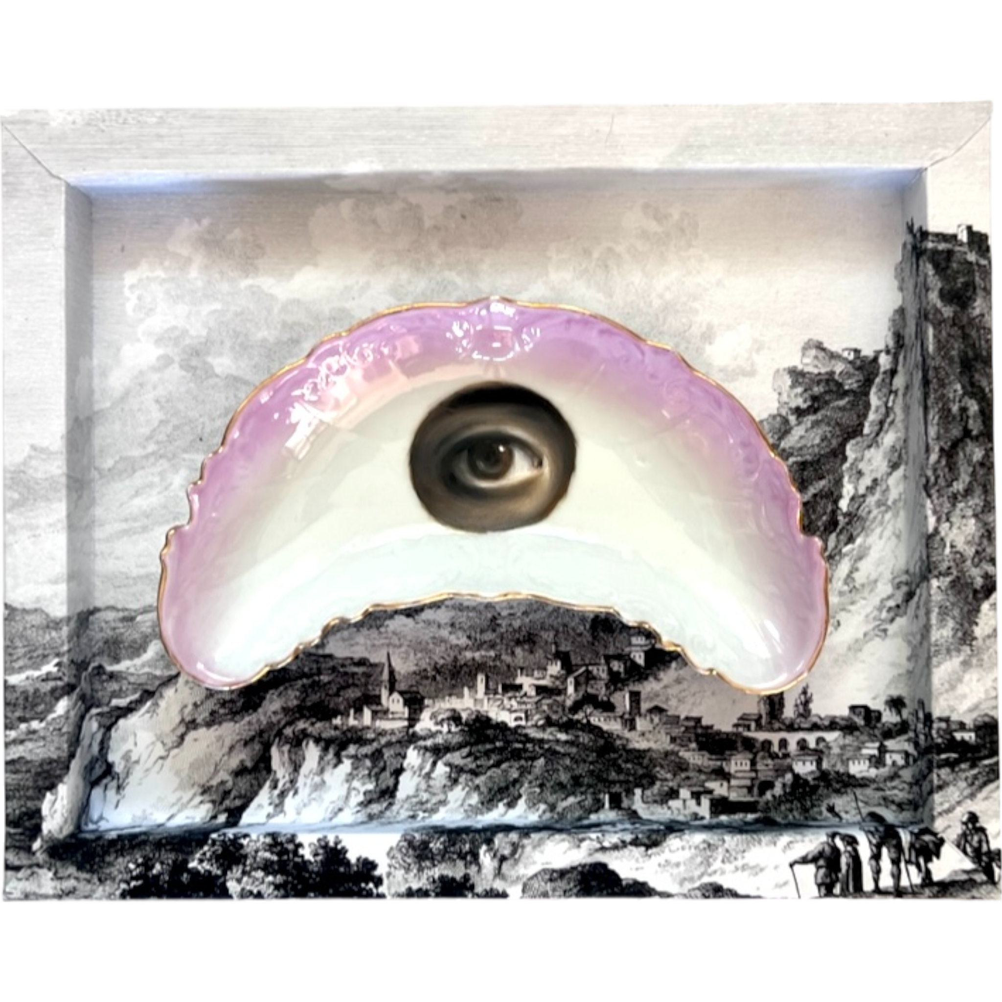 No. 2317 Lover's Eye Painting on a Pink & White Crescent Dish