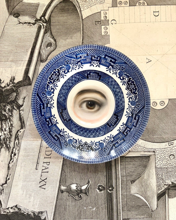 Lover's Eye Painting on a Blue Willow Plate