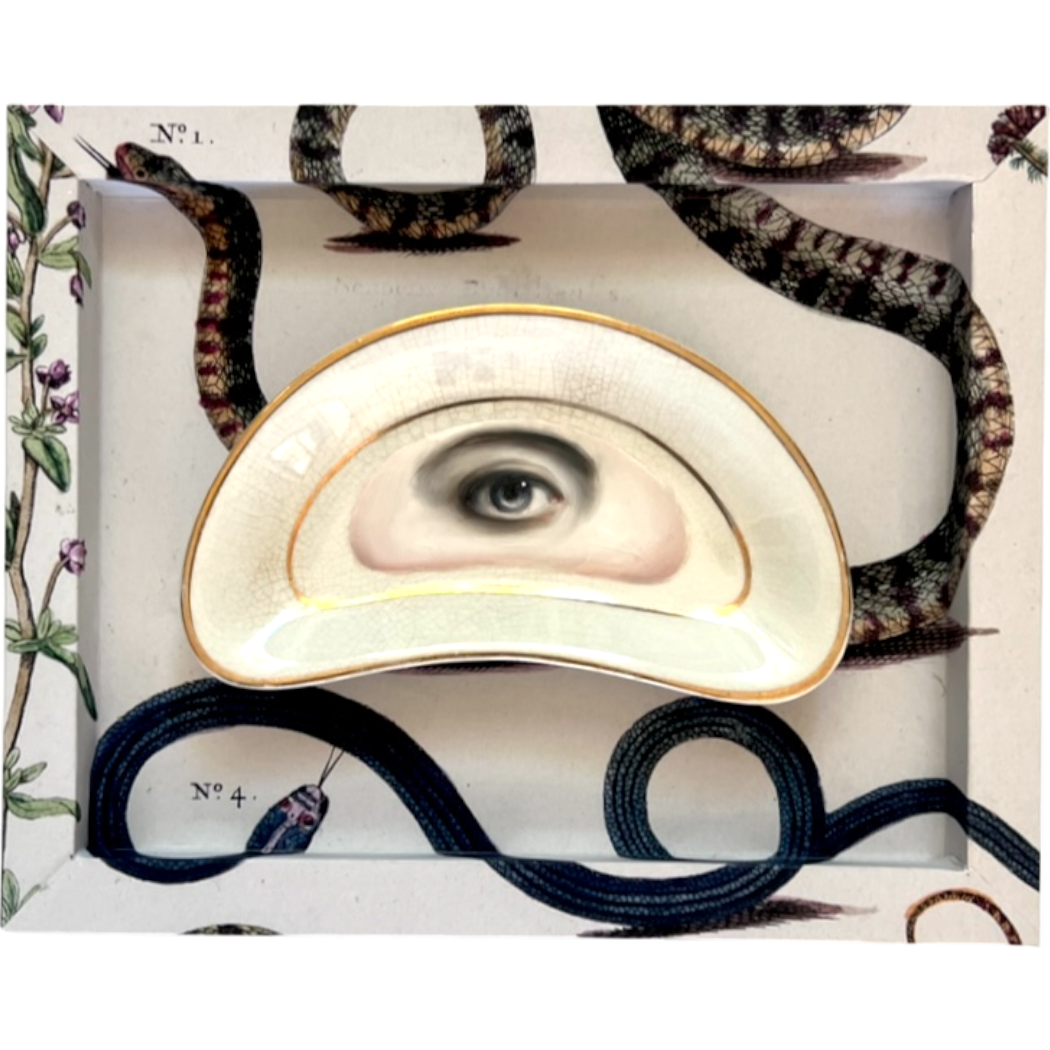 No. 2320 Lover's Eye Painting on a Gold & White Crescent Dish