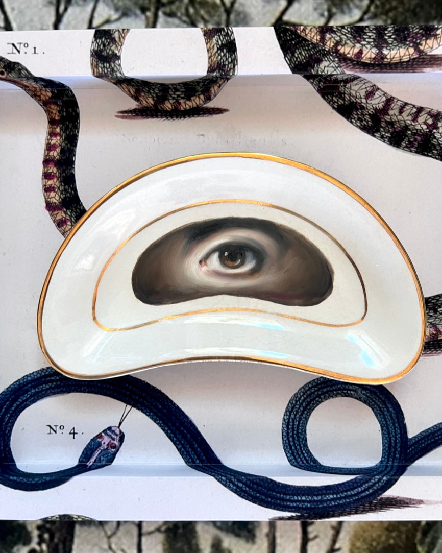 No. 2319 Lover's Eye Painting on a Gold & White Crescent Dish