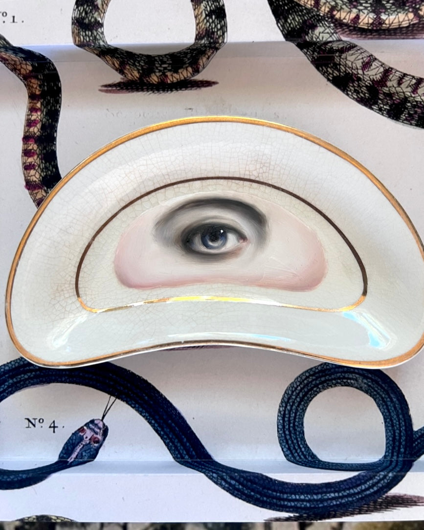 No. 2320 Lover's Eye Painting on a Gold & White Crescent Dish