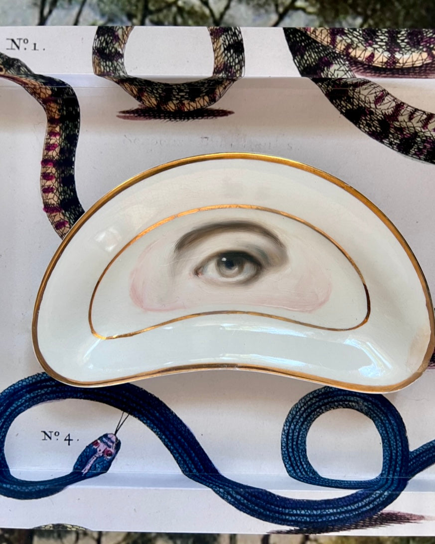 No. 2318 Lover's Eye Painting on a Gold & White Crescent Dish