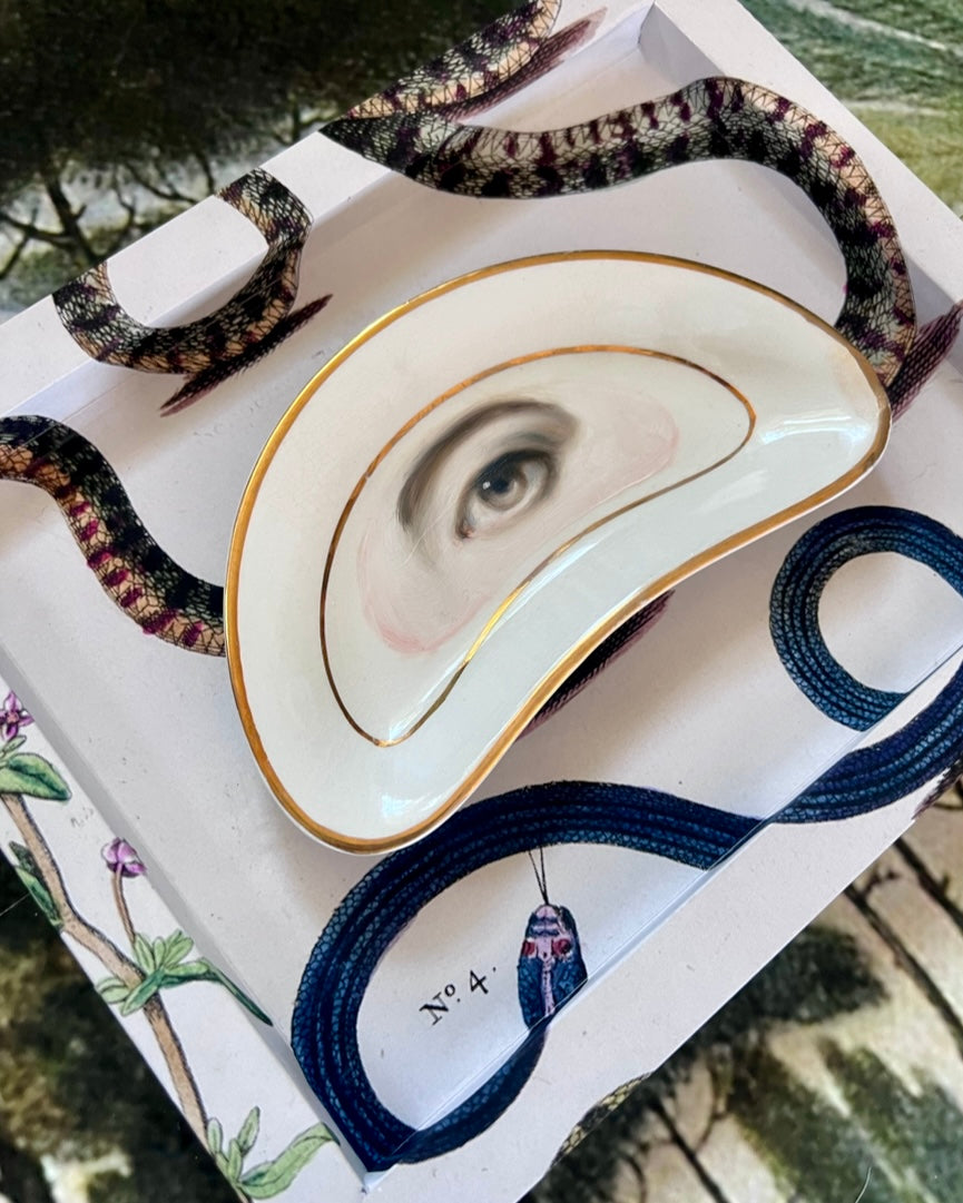 No. 2318 Lover's Eye Painting on a Gold & White Crescent Dish