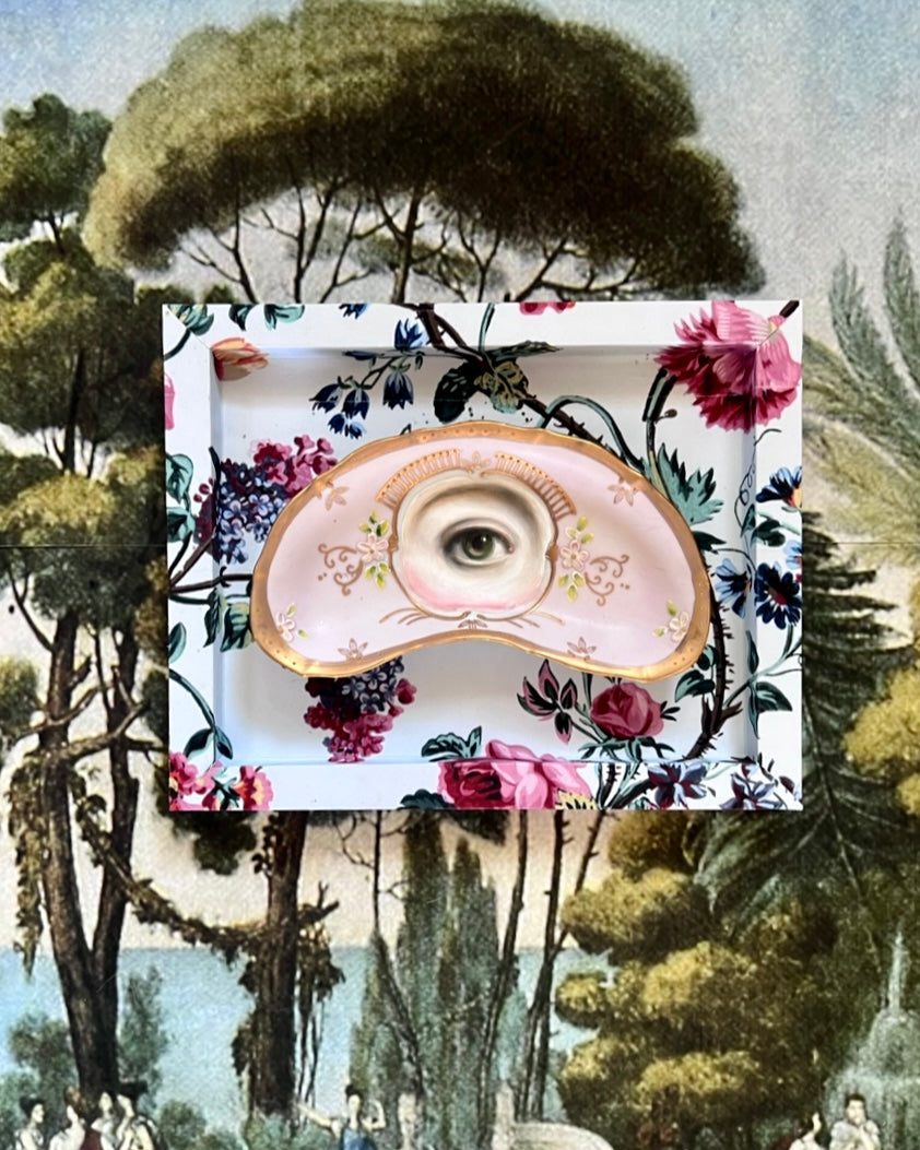 No. 2321 Lover's Eye Painting on a Gold and Pink Crescent Moon Plate