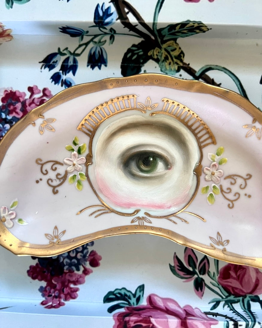 No. 2321 Lover's Eye Painting on a Gold and Pink Crescent Moon Plate