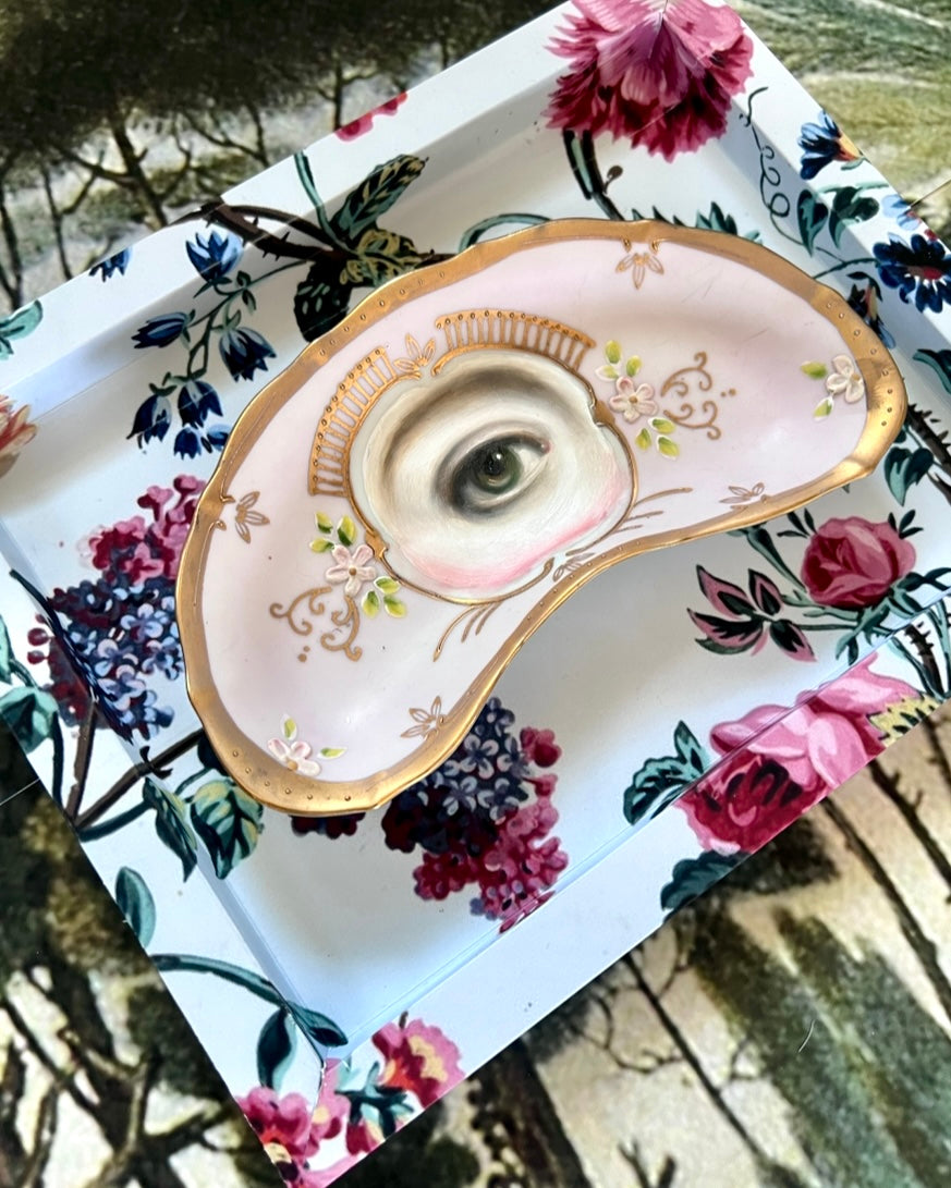 No. 2321 Lover's Eye Painting on a Gold and Pink Crescent Moon Plate