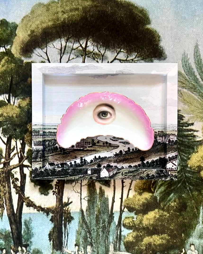 No. 2324 Lover's Eye Painting on a Pink & White Crescent Dish