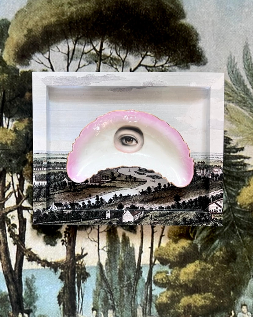 No. 2323 Lover's Eye Painting on a Pink & White Crescent Dish