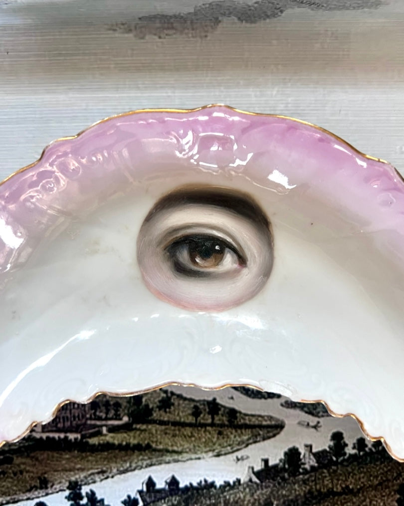 No. 2323 Lover's Eye Painting on a Pink & White Crescent Dish