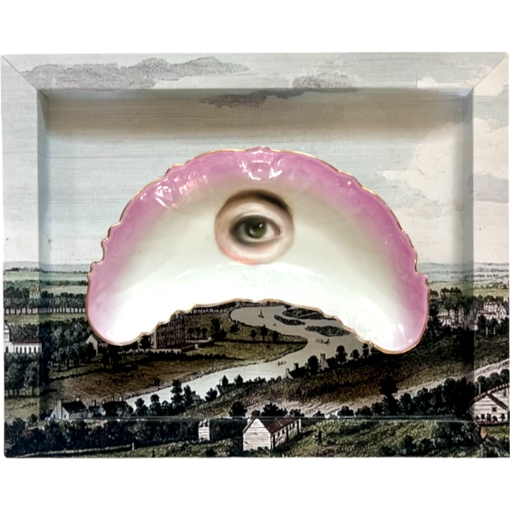 No. 2323 Lover's Eye Painting on a Pink & White Crescent Dish