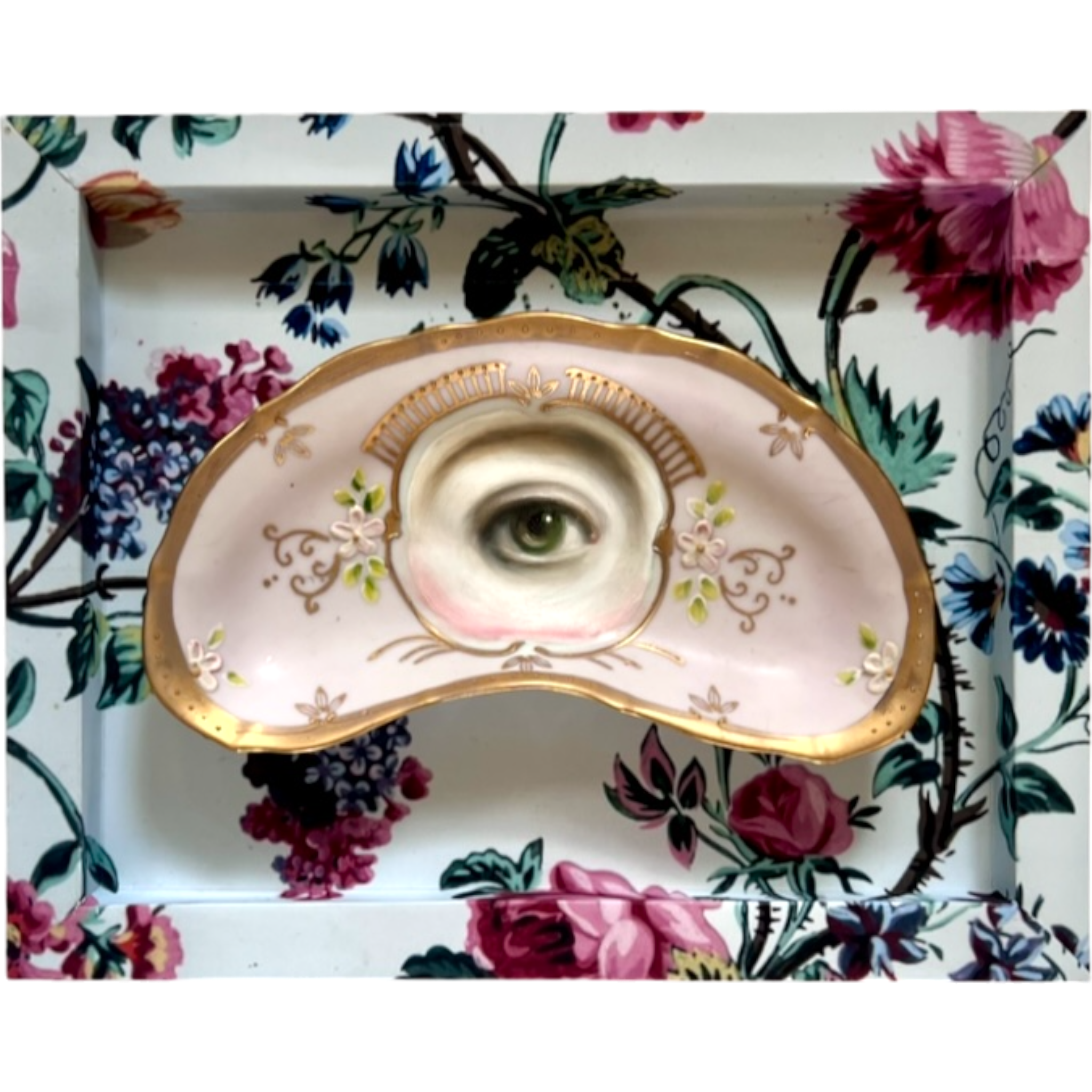 No. 2321 Lover's Eye Painting on a Gold and Pink Crescent Moon Plate