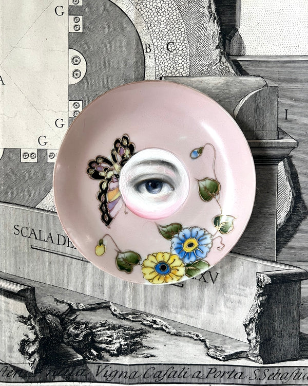 New! - Lover's Eye Painting on a Pink Botanical Plate