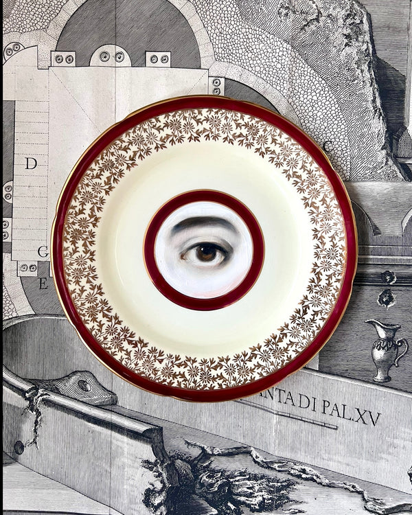 Lover's Eye Painting on an English Red and Gold Plate