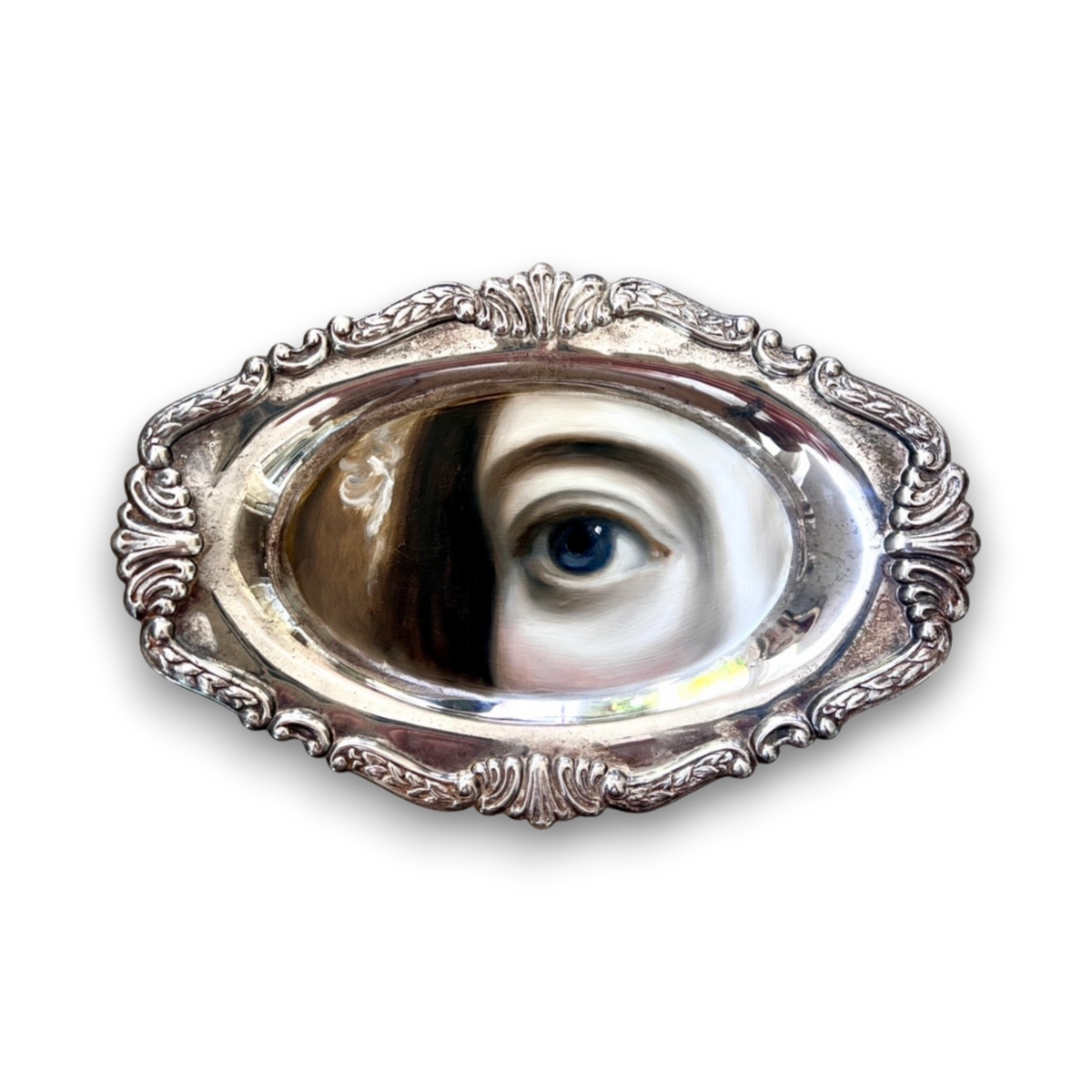 No. 3810 Lover’s Eye Painting on an Ornate Rococo Silverplate Dish