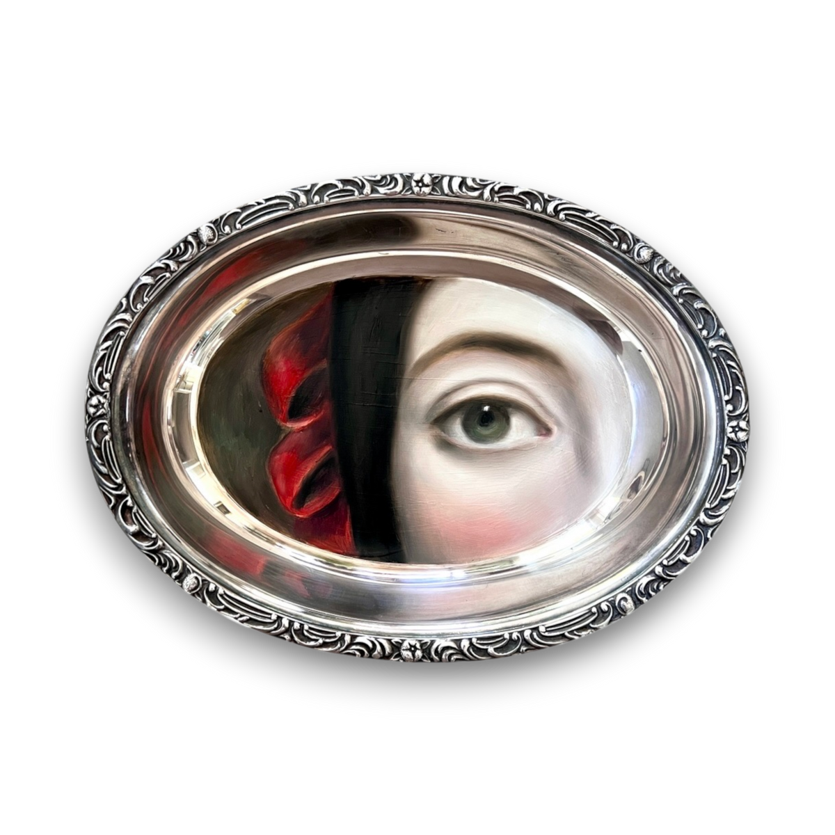No. 3811 Lover’s Eye Painting on a Floral Scroll Silverplate Dish