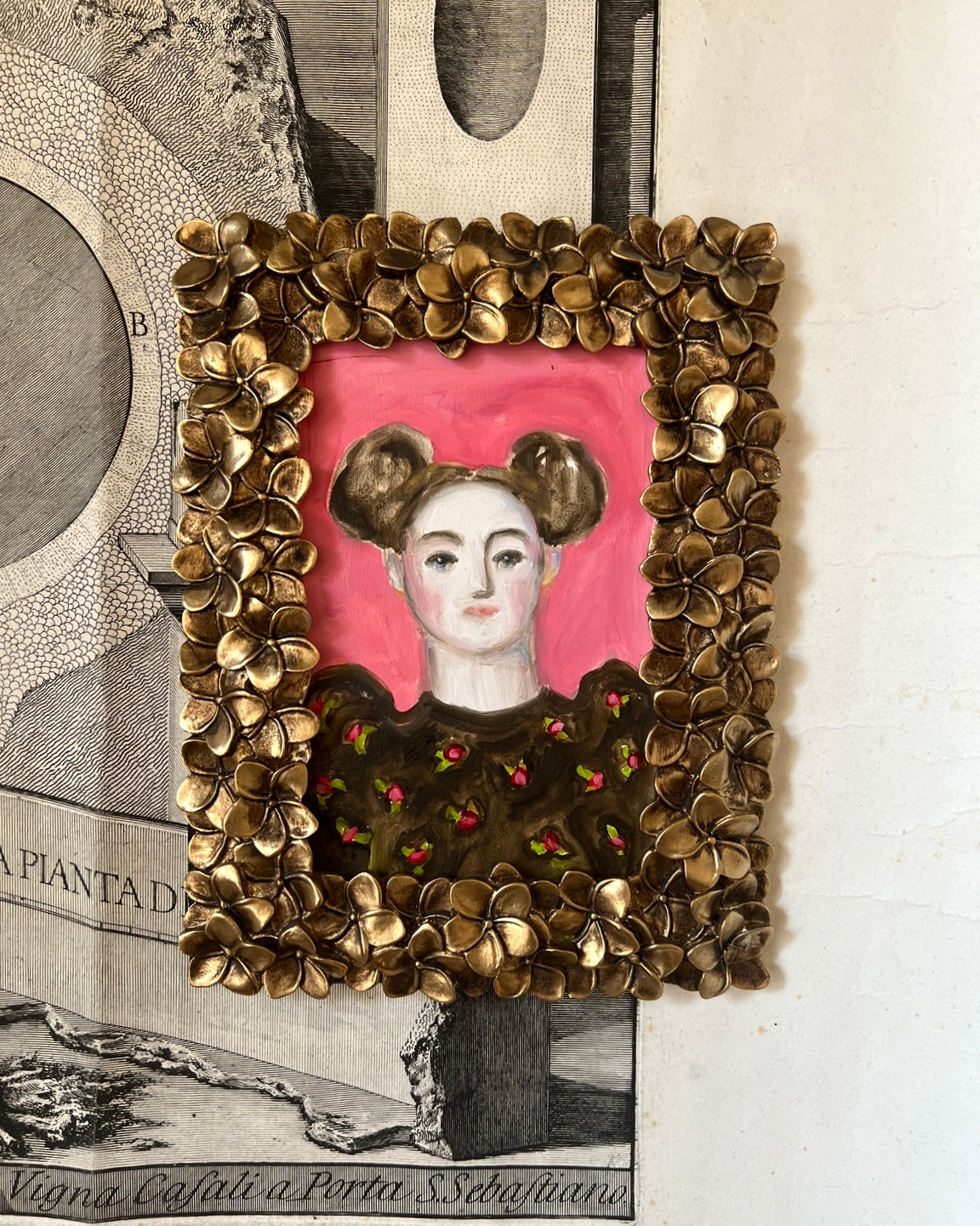 Storybook Portrait of a Lady in a Gold Flower Frame