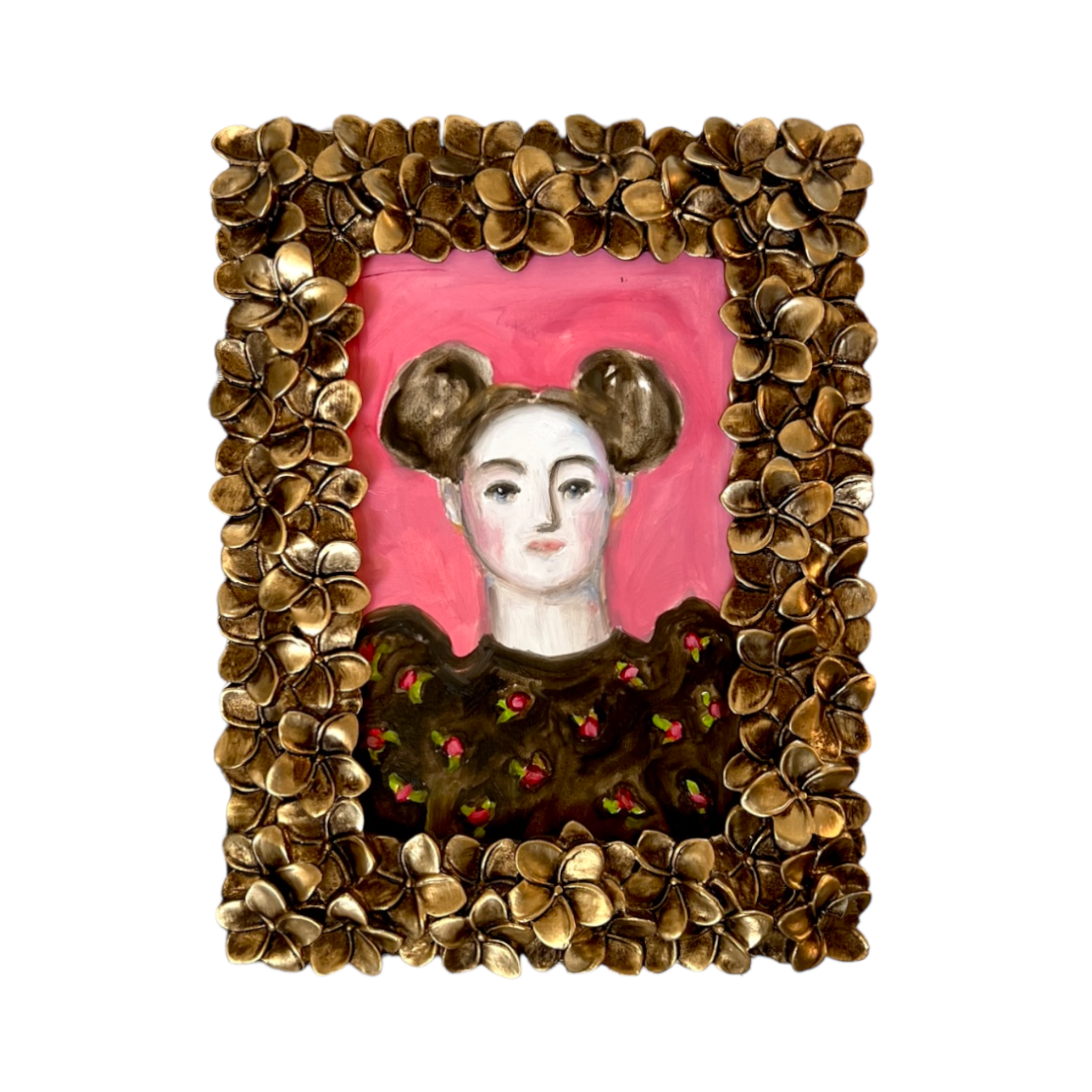Storybook Portrait of a Lady in a Gold Flower Frame