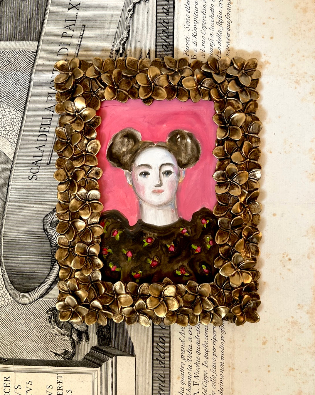 Storybook Portrait of a Lady in a Gold Flower Frame