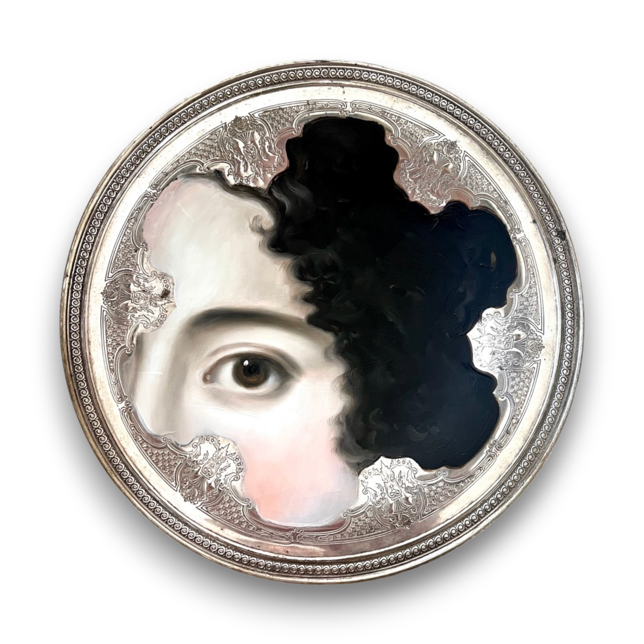 No. 3815 Lover’s Eye Painting on an Engraved Floral Urn Silverplate Dish