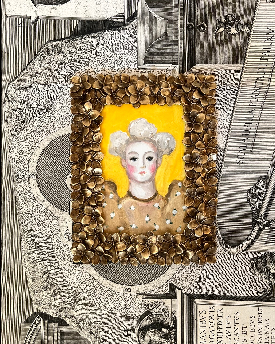 Storybook Portrait of a Lady in a Gold Flower Frame