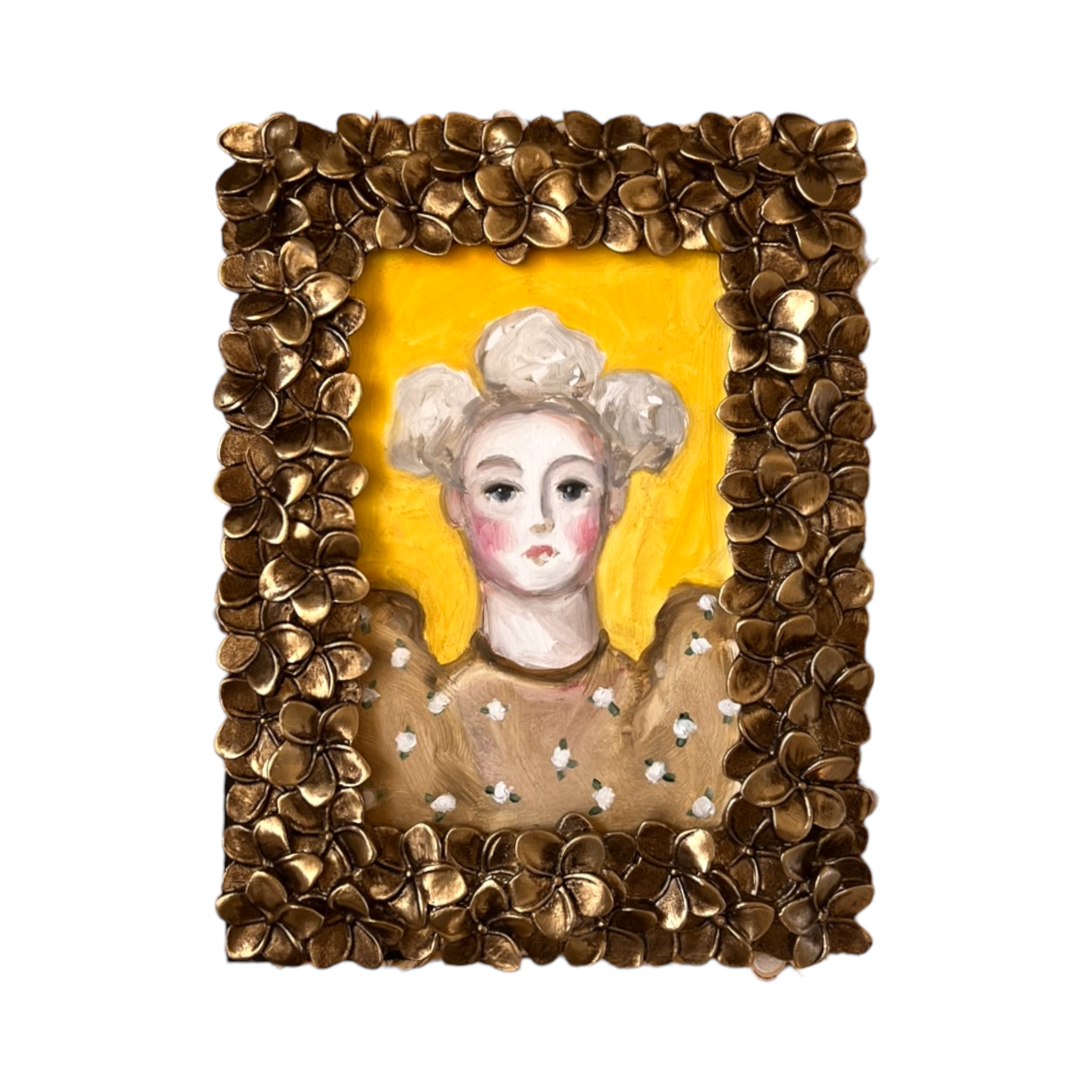 Storybook Portrait of a Lady in a Gold Flower Frame
