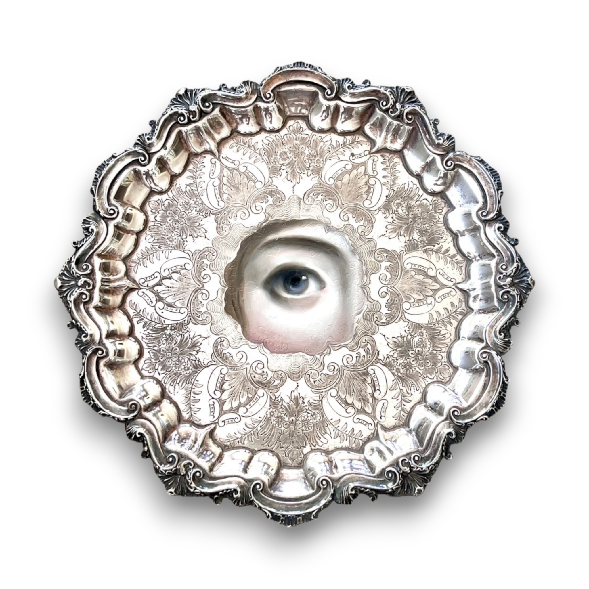 No. 3814 Lover’s Eye Painting on an Engraved Rococo Silverplate Tray