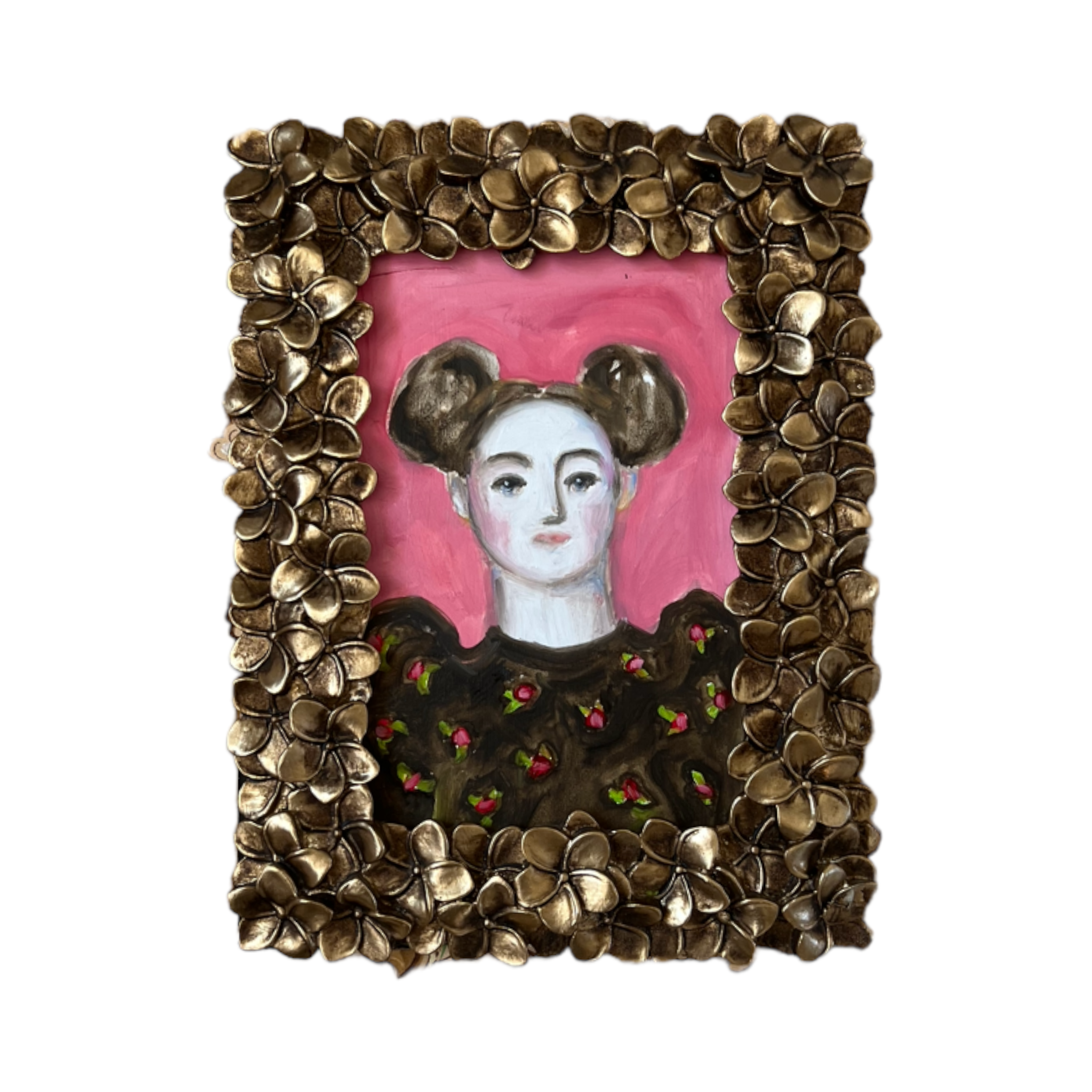 Storybook Portrait of a Lady in a Gold Flower Frame