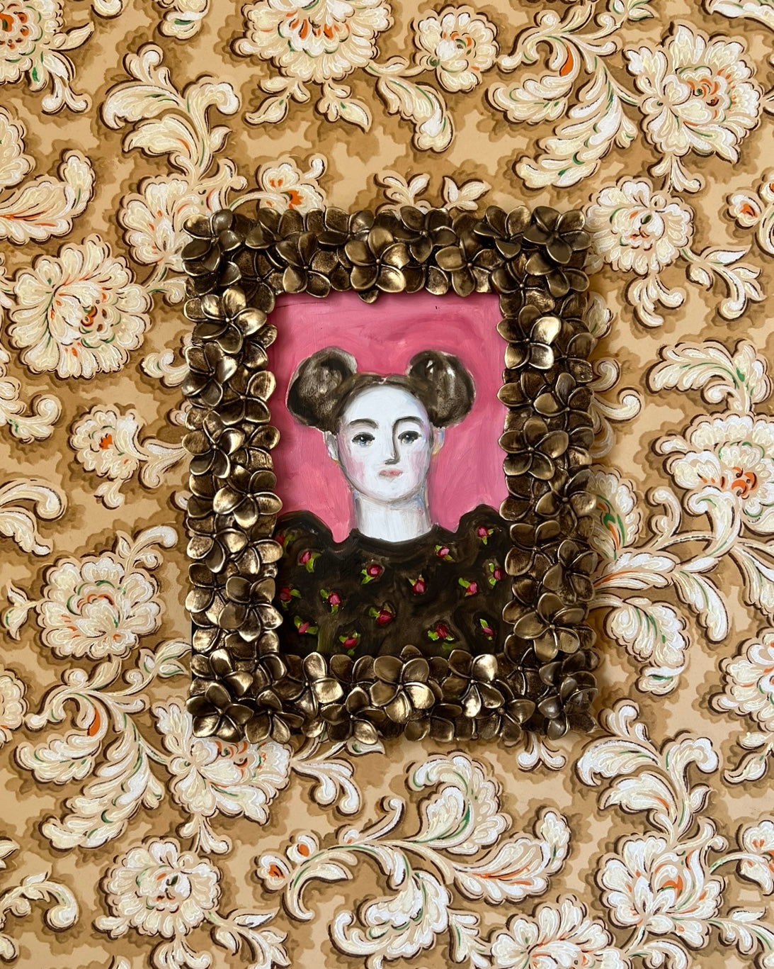 Storybook Portrait of a Lady in a Gold Flower Frame