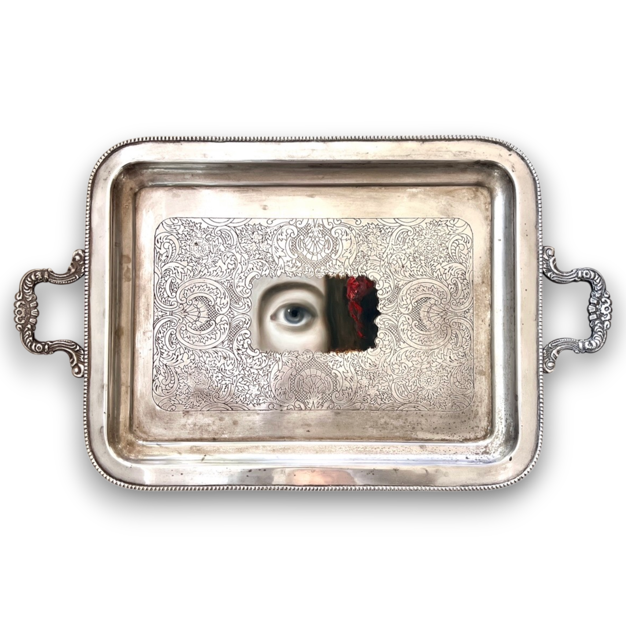 No. 3819 Lover’s Eye Painting on an Engraved Floral Tray with Handles