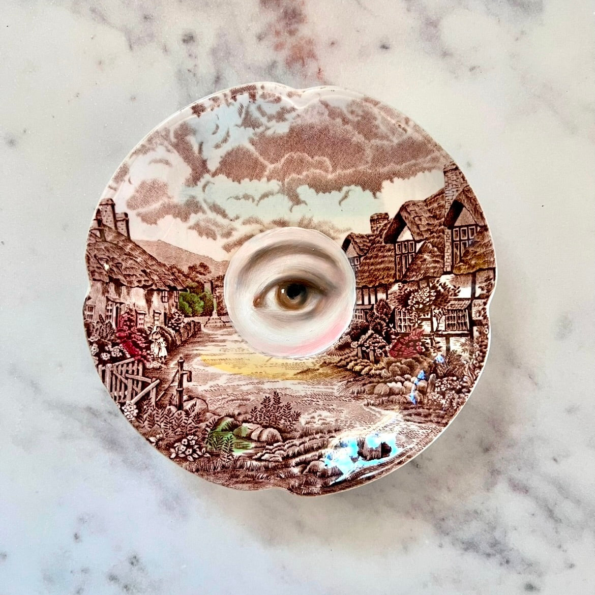No. 2844 Lover's Eye Painting on an English Sepia Transferware Landscape Plate