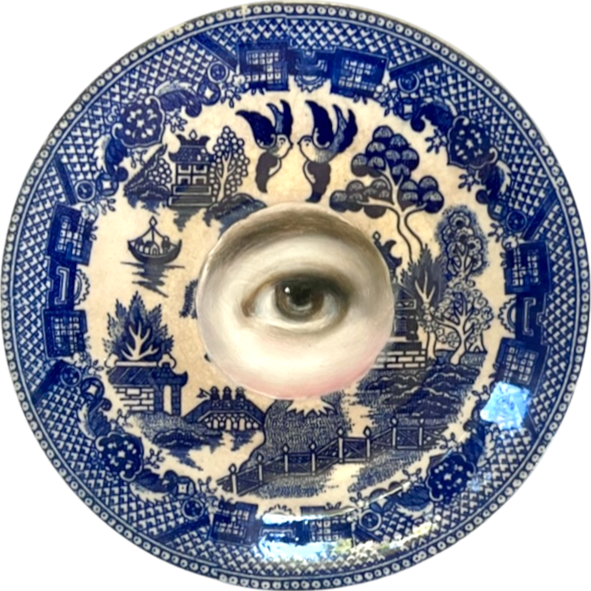 No. 2354 Lover's Eye Painting on a Chinoiserie Blue Willow Plate