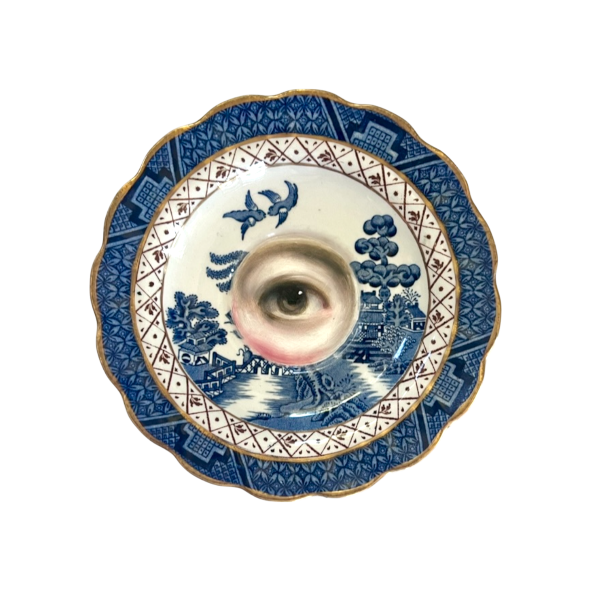 No. 2355 Lover's Eye Painting on a Royal Doulton Chinoiserie Blue Willow Plate