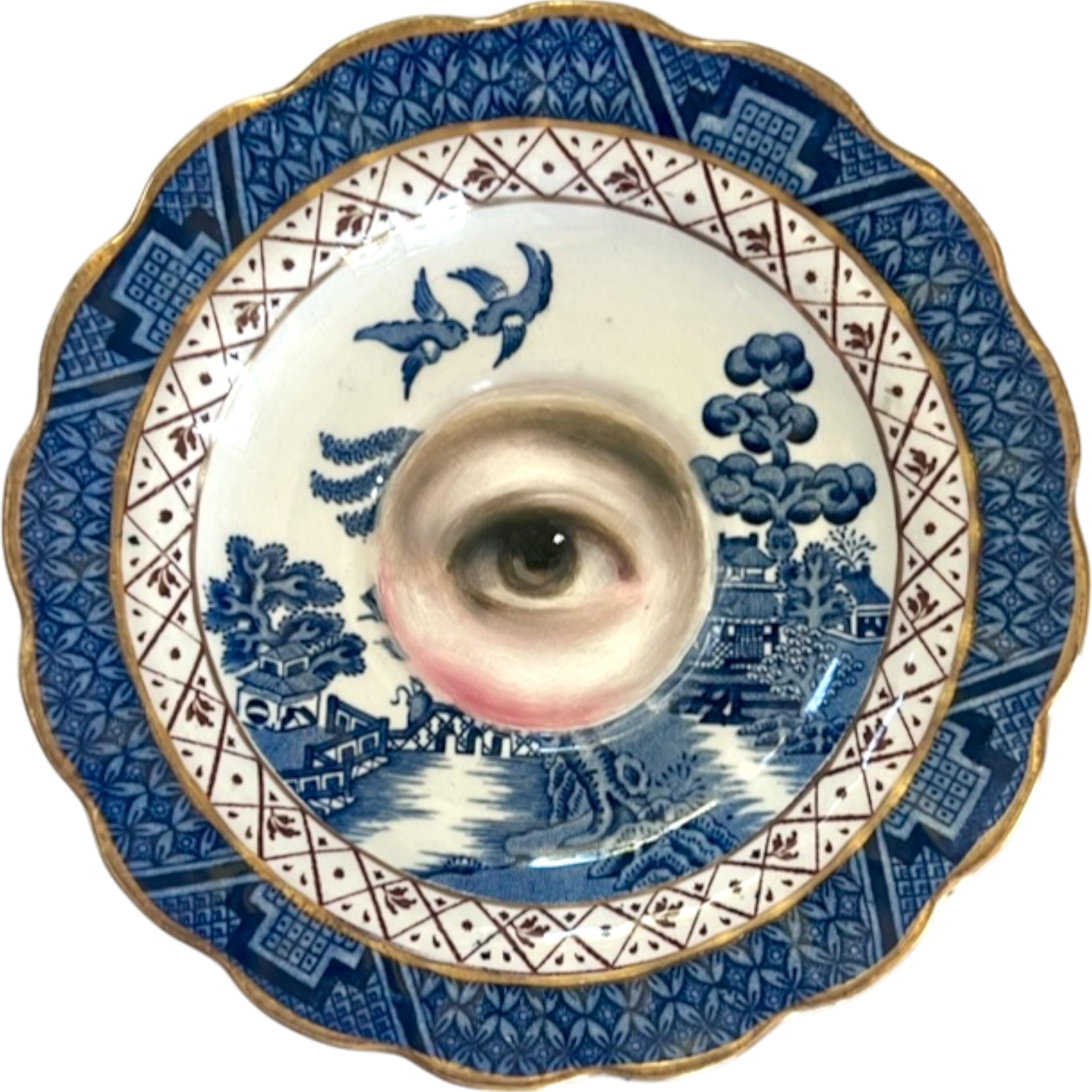 No. 2355 Lover's Eye Painting on a Royal Doulton Chinoiserie Blue Willow Plate