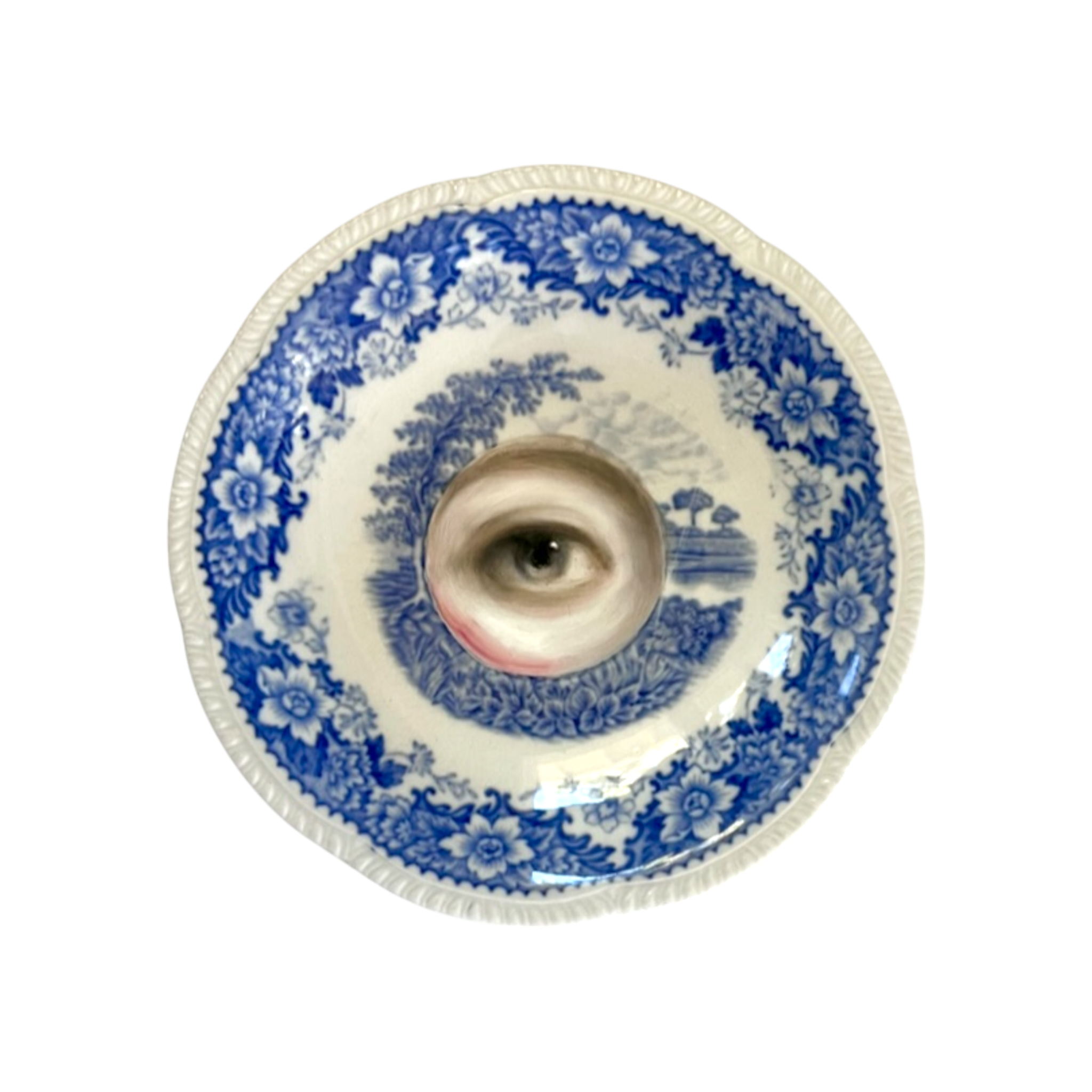 No. 2356 Lover's Eye Painting on an English Blue Transferware Landscape Plate