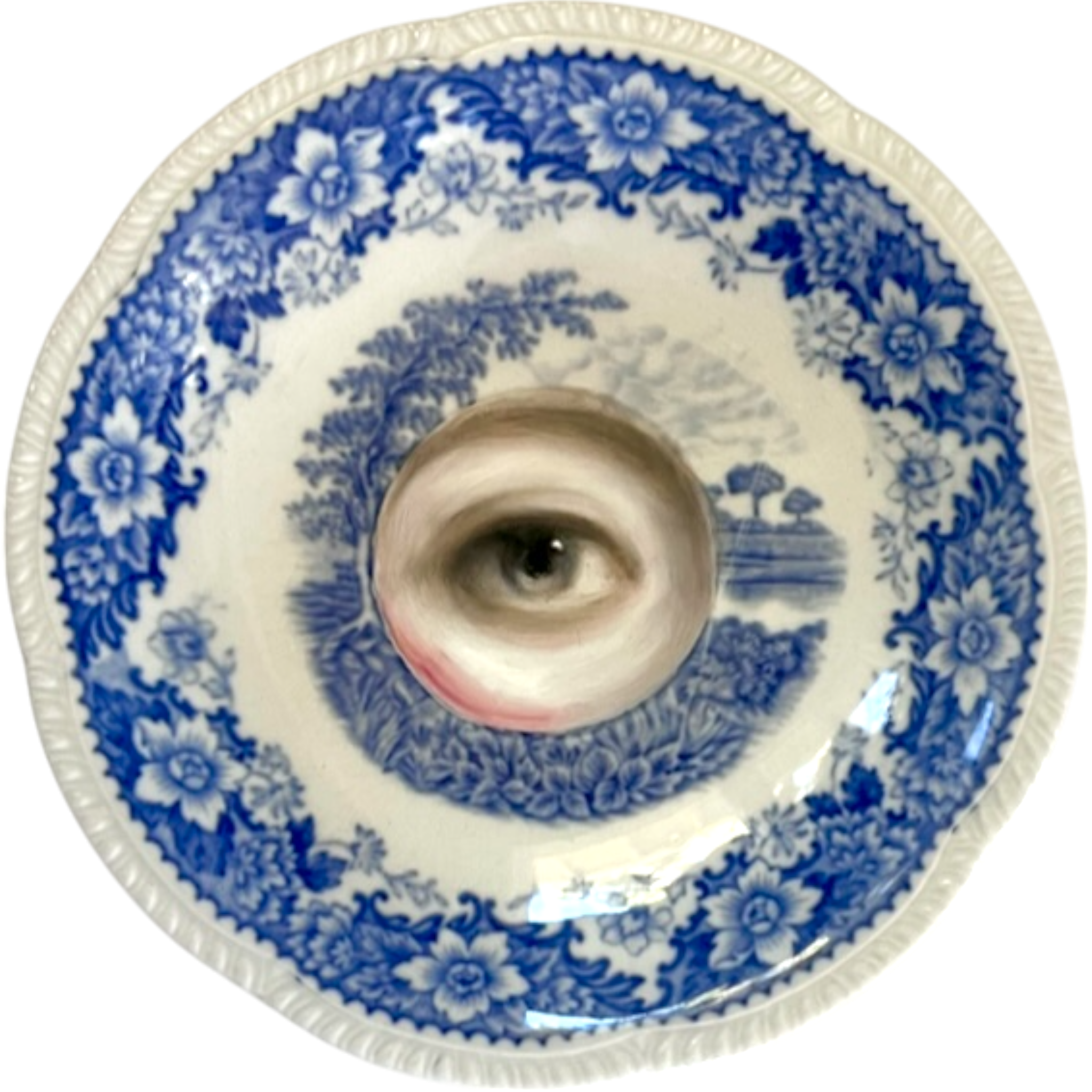 No. 2356 Lover's Eye Painting on an English Blue Transferware Landscape Plate