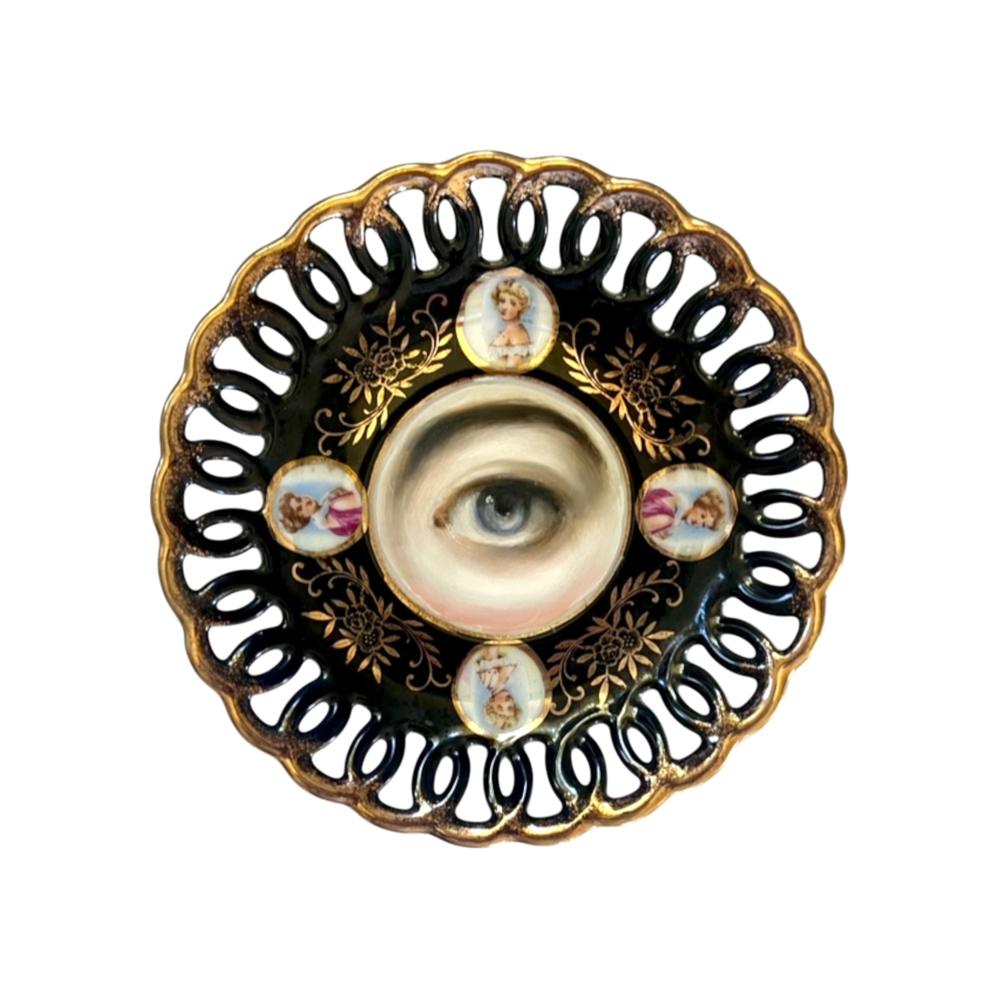 No. 2368 Lover's Eye Painting on a Black & Gold Portrait Medallion Plate