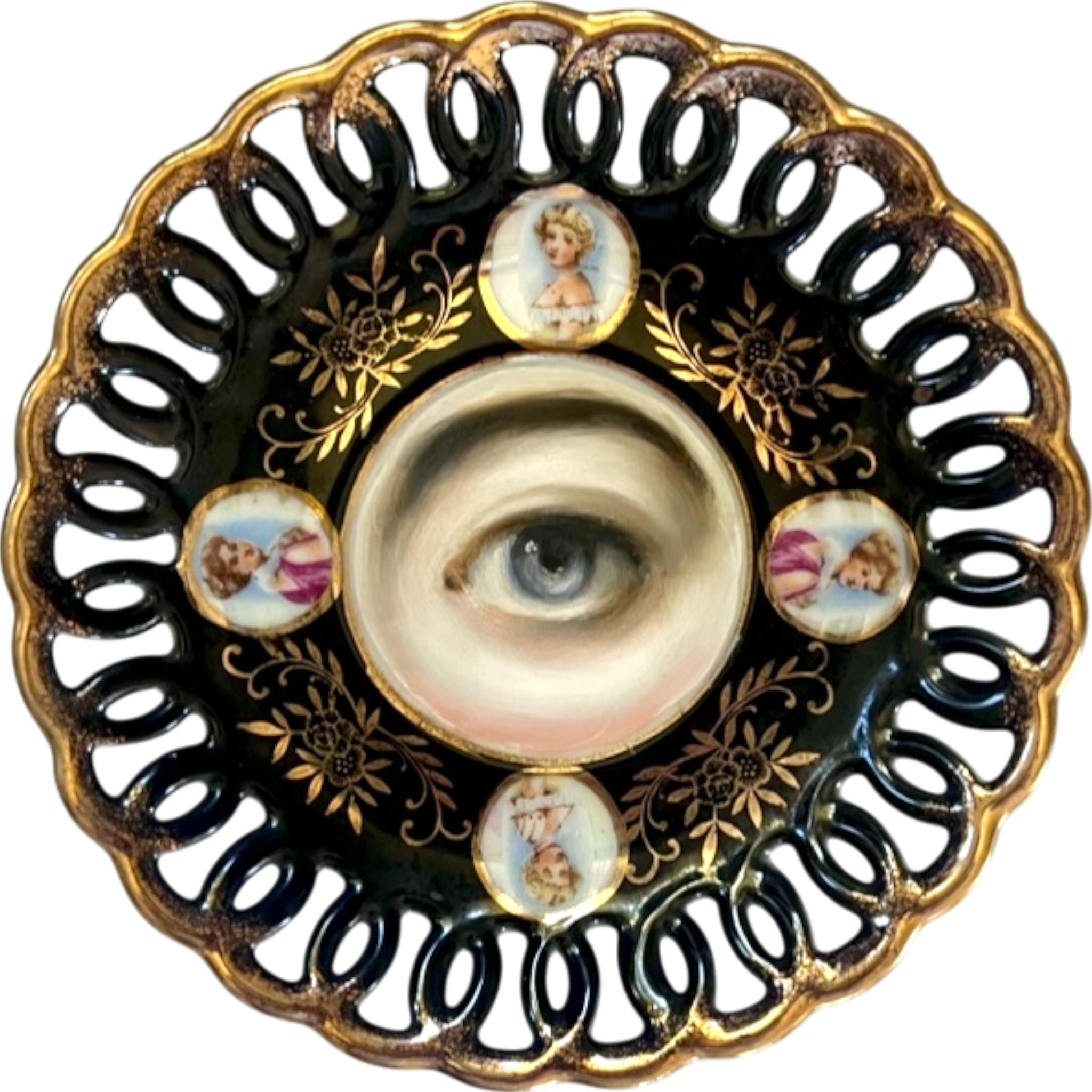 No. 2368 Lover's Eye Painting on a Black & Gold Portrait Medallion Plate