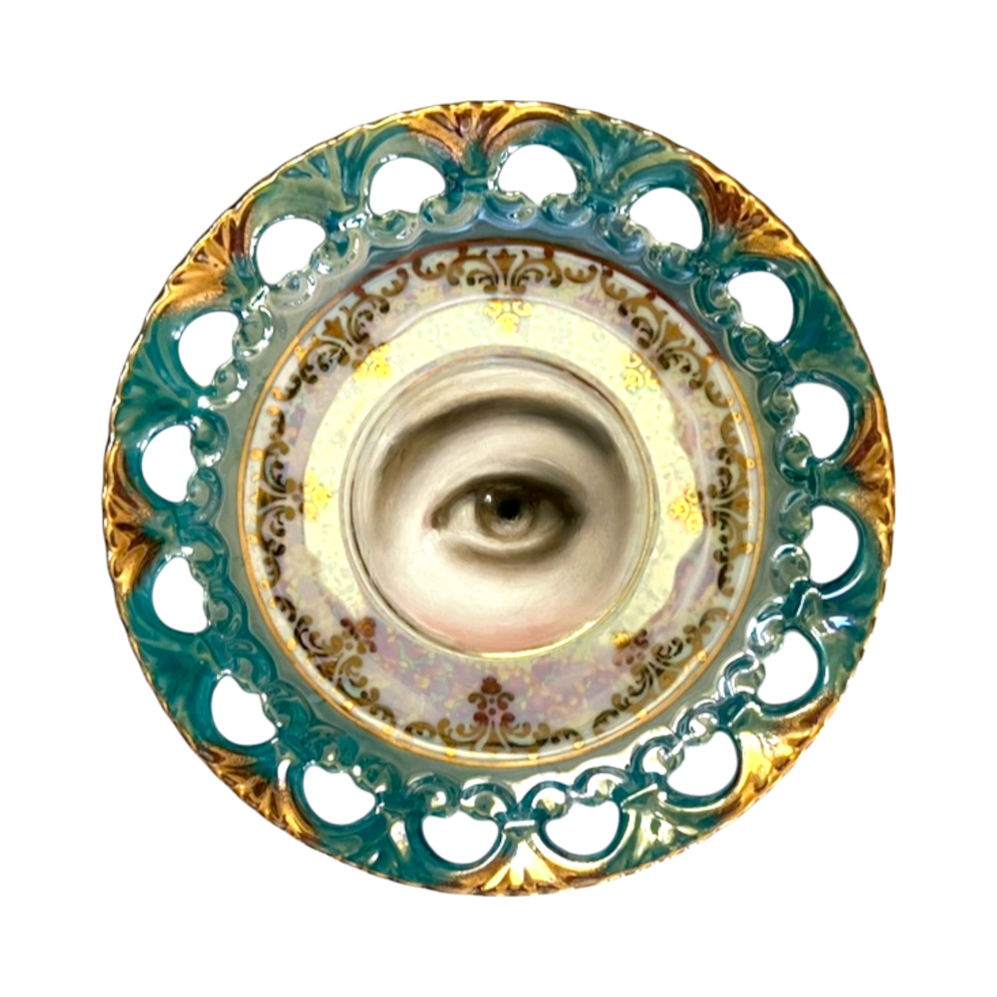 No. 2367 Lover's Eye Painting on an Iridescent Blue Plate