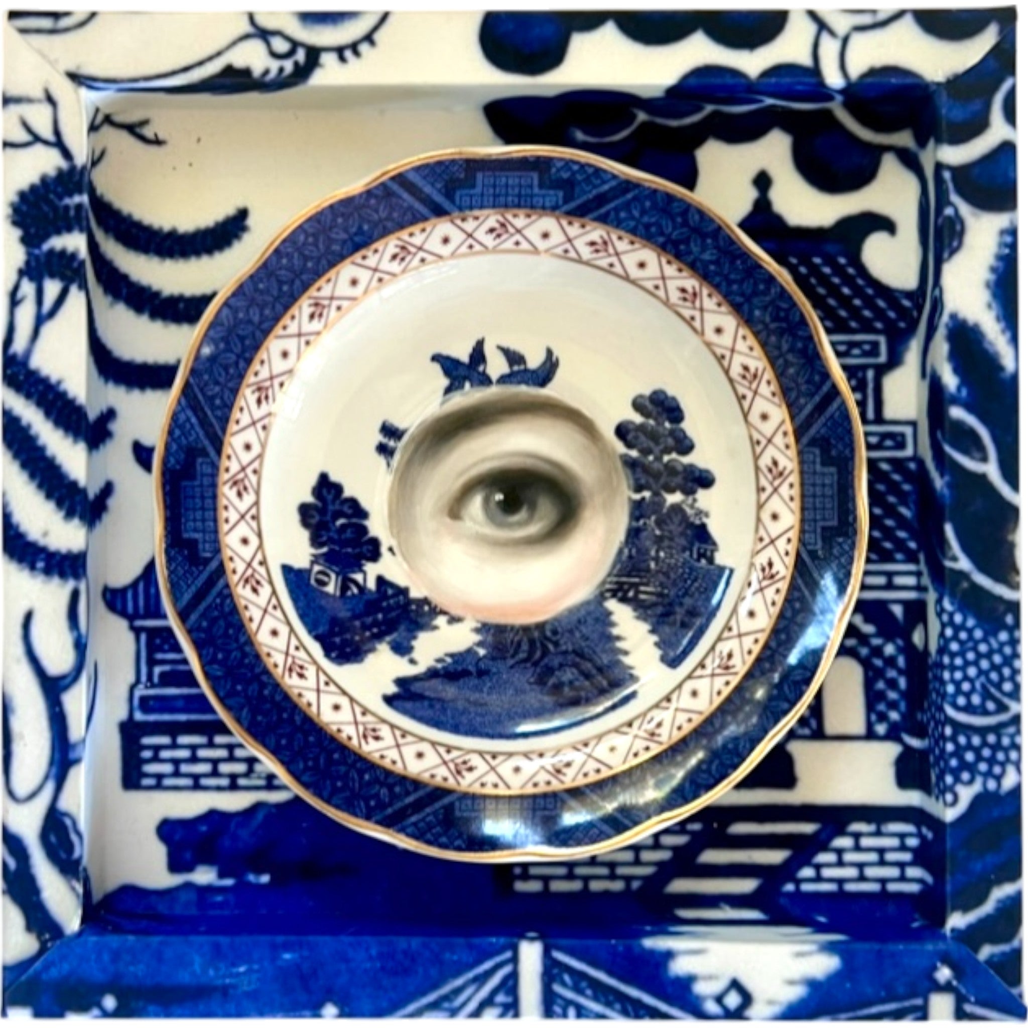 No. 2348 Lover's Eye Painting on a Royal Doulton Chinoiserie Blue Willow Plate